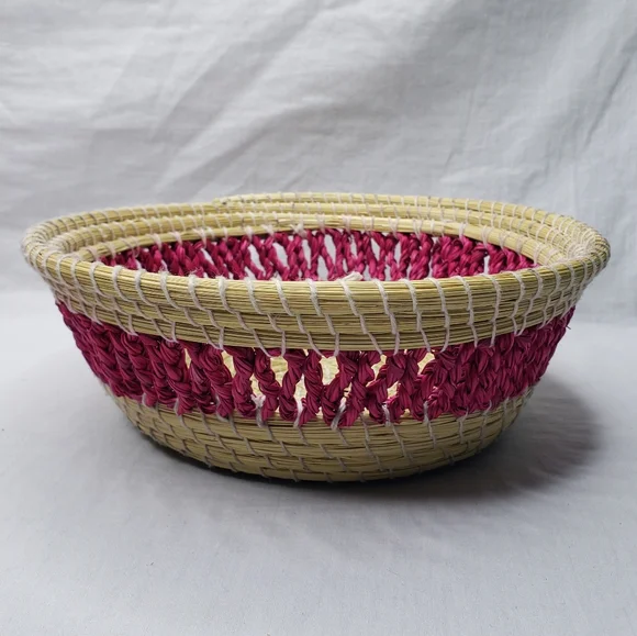 Handwoven Coiled Grass Basket Pink Accents - Picture 1 of 5